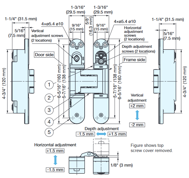 Sugatsune - 304 Stainless Steel - HGS3D-S160SH 3-Way Adjustable Concealed Hinge (Each)