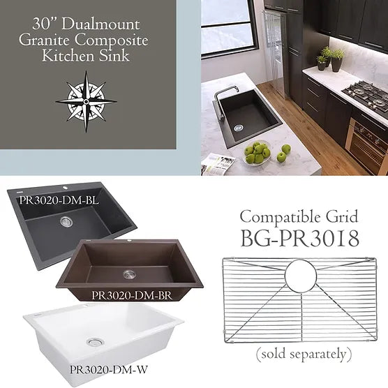 Nantucket Sink Plymouth PR3020-DM-(BL,S,W) , Large Single Bowl Dualmount Granite Composite