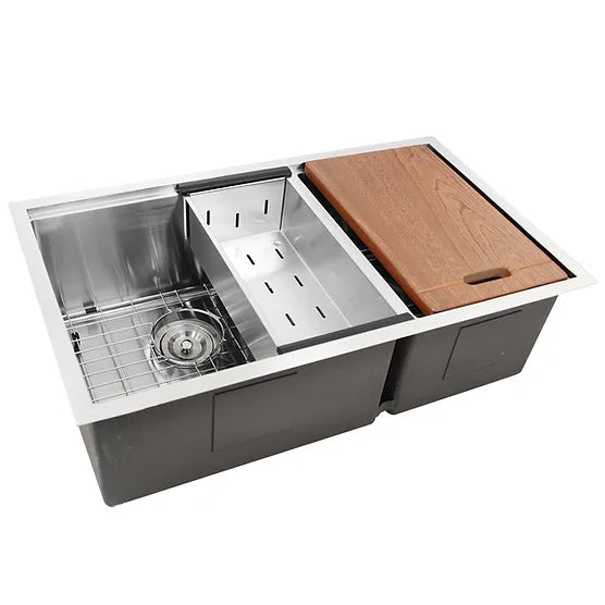 Nantucket Sink Prep Station SR-PS-3219-OS-16 , Offset Double Bowl Prep Station Small Radius Undermount Stainless Sink with Accessories