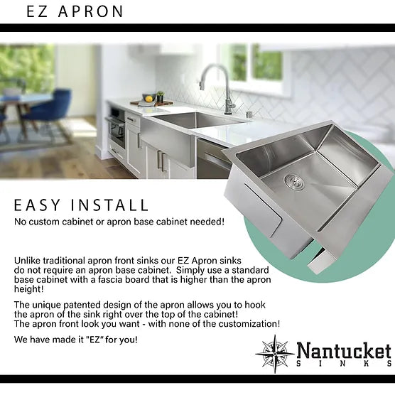 Nantucket Sink Pro Series EZApron33 , "Patented" Design Pro Series Single Bowl Undermount Stainless Steel Kitchen Sink with 7 Inch Apron Front