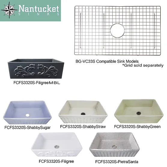 Nantucket Sink Embossed Vineyard Collection FCFS3320S-FiligreeMBL Nantucket Sinks' 33 Inch Matte Black Farmhouse Fireclay Sink with Filigree Apron