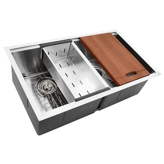 Nantucket Sink Prep Station SR-PS-3219-DE-16 , Double Bowl Equal Prep Station Small Radius Undermount Stainless Sink with Accessories