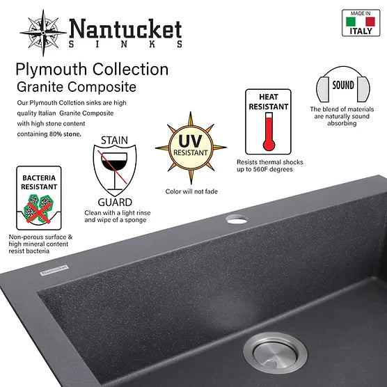 Nantucket Sink Plymouth PR3020-DM-(BL,S,W) , Large Single Bowl Dualmount Granite Composite