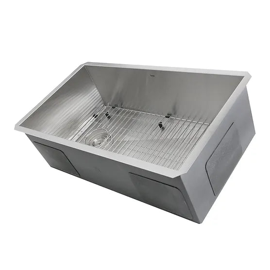 Nantucket Sink Pro Series ZR3218-OSD , 32 Inch Pro Series Large Rectangle Single Bowl Undermount Small Radius Stainless Steel Kitchen Sink, Offset Drain
