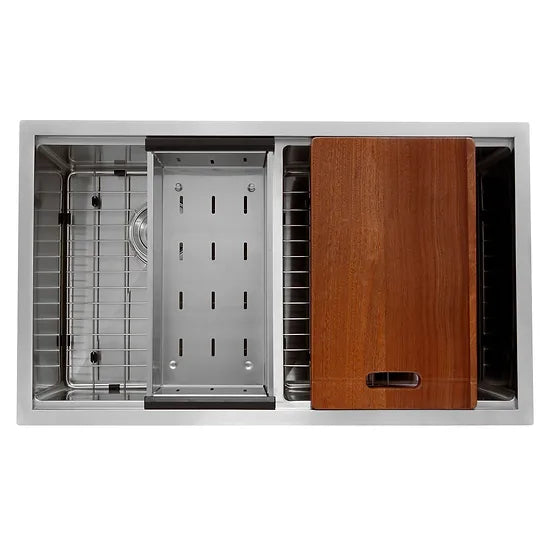 Nantucket Sink Prep Station SR-PS-3219-DE-16 , Double Bowl Equal Prep Station Small Radius Undermount Stainless Sink with Accessories