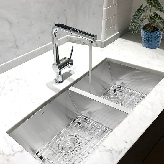 Nantucket Sink Pro Series ZR3219-OS-16 , 32 Inch Pro Series 60/40 Offset Double Bowl Undermount Zero Radius Stainless Steel Kitchen Sink