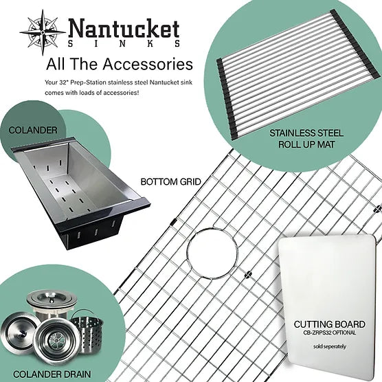 Nantucket Sink Prep Station ZR-PS-3220-16 , 32 Inch Pro Series Large Prep Station Single Bowl Undermount Stainless Steel Kitchen Sink