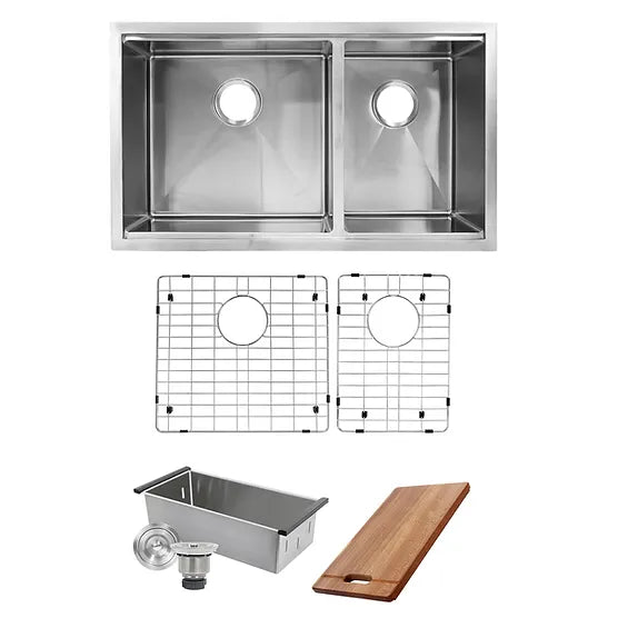 Nantucket Sink Prep Station SR-PS-3219-OS-16 , Offset Double Bowl Prep Station Small Radius Undermount Stainless Sink with Accessories