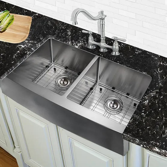 Nantucket Sink Pro Series Apron332210-DBL-SR , 33 Inch Double Bowl Farmhouse Apron Front Stainless Steel Kitchen Sink