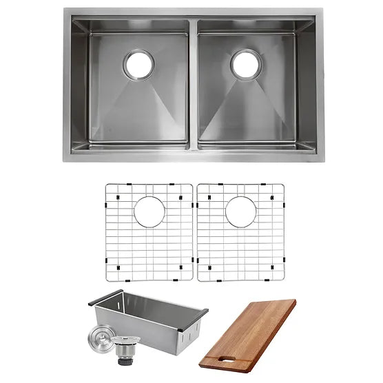 Nantucket Sink Prep Station SR-PS-3219-DE-16 , Double Bowl Equal Prep Station Small Radius Undermount Stainless Sink with Accessories