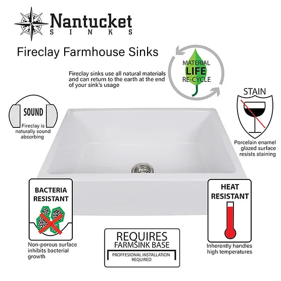 Nantucket Sink Embossed Vineyard Collection FCFS3320S-(W,MB)-Waves Nantucket Sinks' 33 Inch Farmhouse Fireclay Sink with Waves Apron