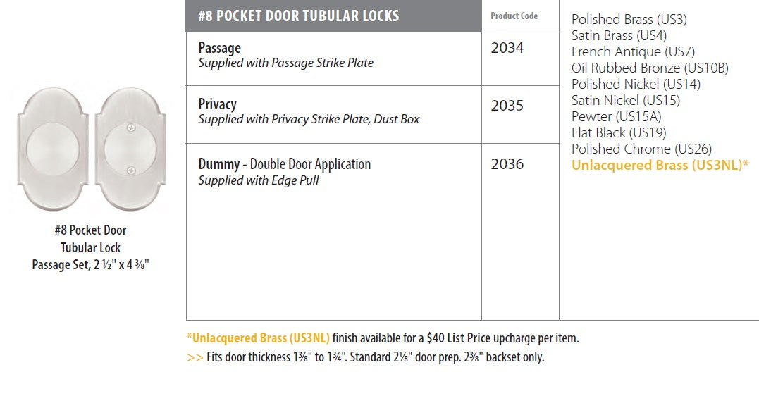 Emtek #8 Pocket Door Tubular Lock
