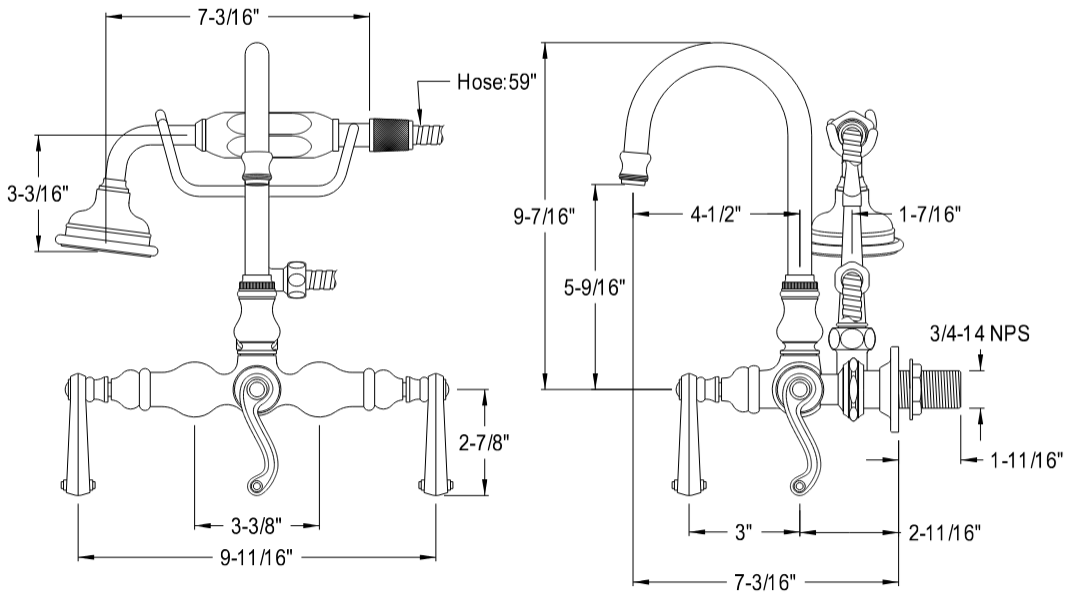 Kingston - Tub Faucets - Heirloom AE7TFL Three-Handle 2-Hole Tub Wall Mount Clawfoot Tub Faucet with Hand Shower