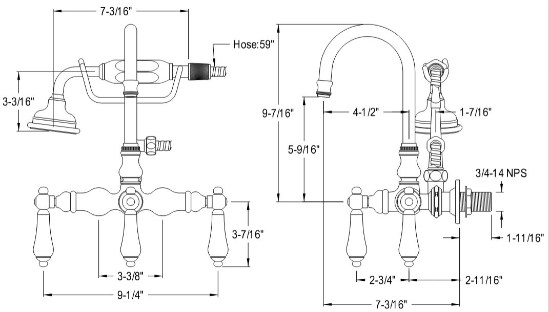 Kingston - Tub Faucets - Duchess AE7TPKL Three-Handle 2-Hole Tub Wall Mount Clawfoot Tub Faucet with Hand Shower
