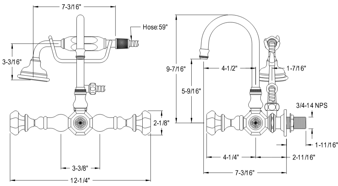 Kingston - Tub Faucets - Celebrity AE7TWCL Three-Handle 2-Hole Tub Wall Mount Clawfoot Tub Faucet with Hand Shower