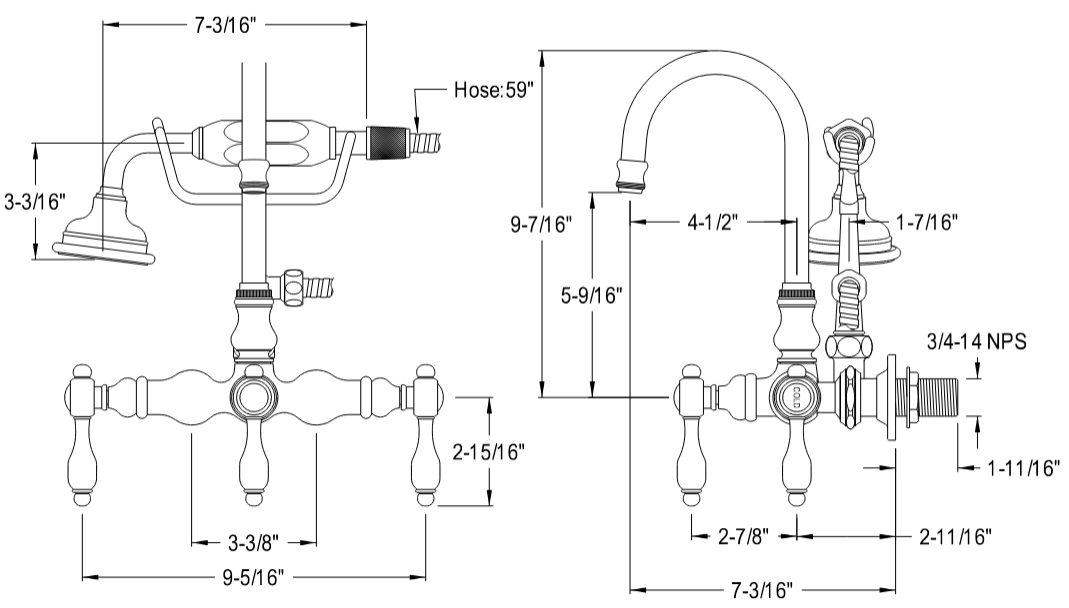 Kingston - Tub Faucets - Tudor AE7TTAL Three-Handle 2-Hole Tub Wall Mount Clawfoot Tub Faucet with Hand Shower