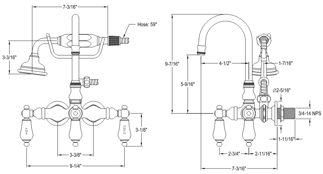Kingston - Tub Faucets - Aqua Vintage AE9T Three-Handle 2-Hole Tub Wall Mount Clawfoot Tub Faucet with Hand Shower