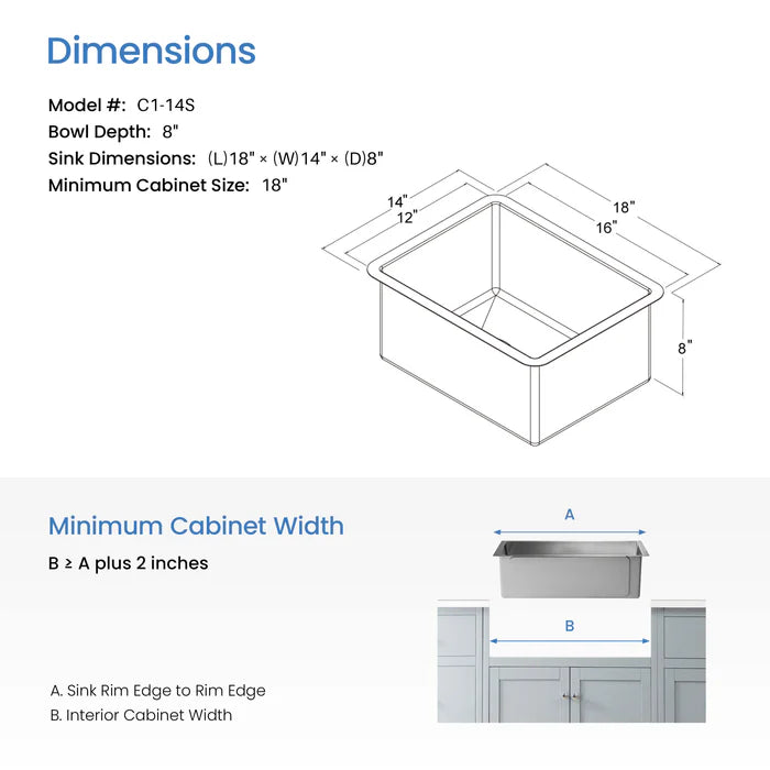Casa Fixtures - Kitchen Sinks - 14" Handcrafted Undermount Single Bowl 16 gauge Stainless Steel Kitchen Sink (C1-14S)