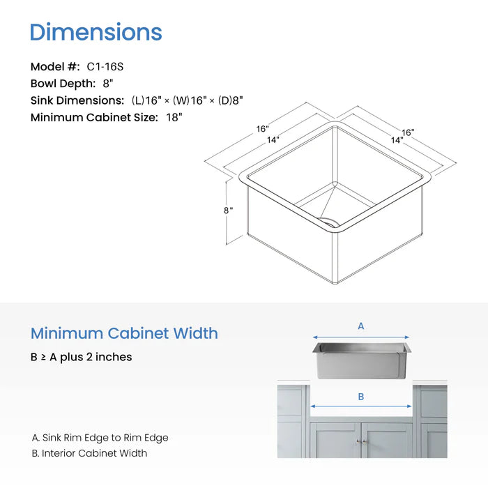 Casa Fixtures - Kitchen Sinks - 16" Handcrafted Undermount Single Bowl 16 gauge Stainless Steel Kitchen Sink (C1-16S)