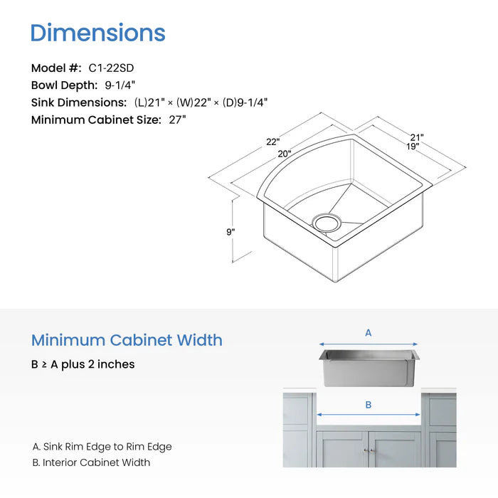 Casa Fixtures - Kitchen Sinks - 22" Handcrafted Undermount Single Bowl 16 gauge D Shape Stainless Steel Kitchen Sink (C1-22SD)