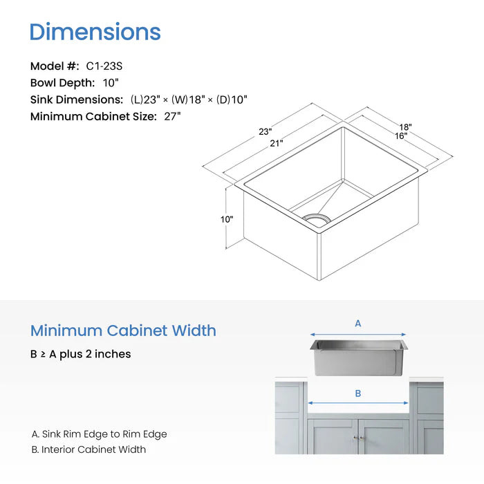 Casa Fixtures - Kitchen Sinks - 23" Handcrafted Undermount Single Bowl 16 gauge Stainless Steel Kitchen Sink (C1-23S)