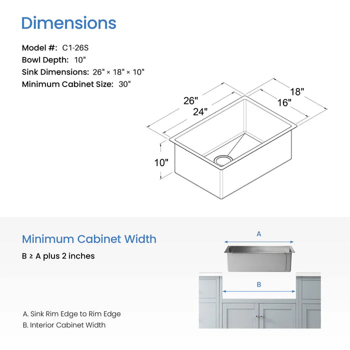 Casa Fixtures - Kitchen Sinks - 26" Handcrafted Undermount Single Bowl 16 gauge Stainless Steel Kitchen Sink (C1-26S)