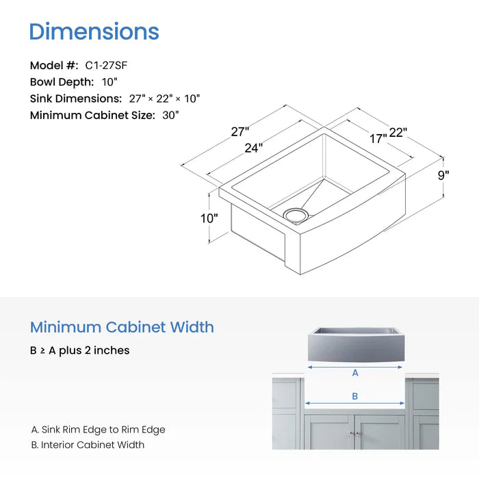 Casa Fixtures - Kitchen Sinks - 27" Handcrafted Farmhouse Apron Single Bowl Stainless Steel Kitchen Sink (C1-27SF)