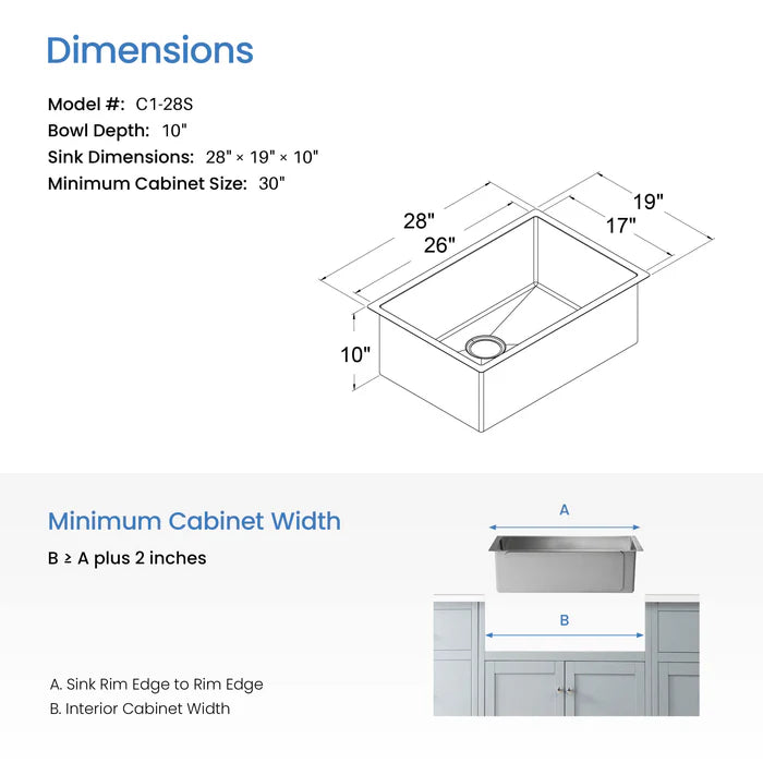 Casa Fixtures - Kitchen Sinks - 28" Handcrafted Undermount Single Bowl 16 gauge Stainless Steel Kitchen Sink (C1-28S)