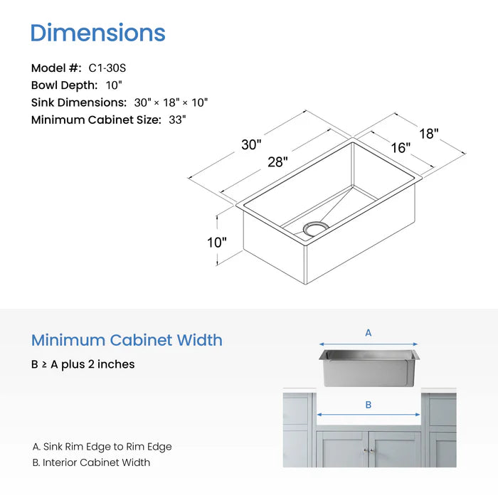Casa Fixtures - Kitchen Sinks - 30" Handcrafted Undermount Single Bowl 16 gauge Stainless Steel Kitchen Sink (C1-30S)
