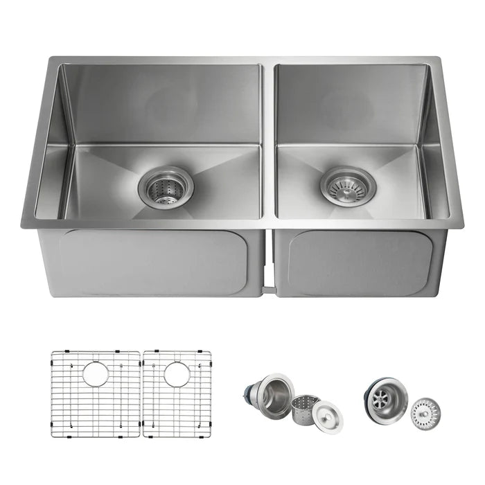 Casa Fixtures - Kitchen Sinks - 32-3/4" Handcrafted Undermount Double Bowl Stainless Steel Kitchen Sink (C1-33DBS)