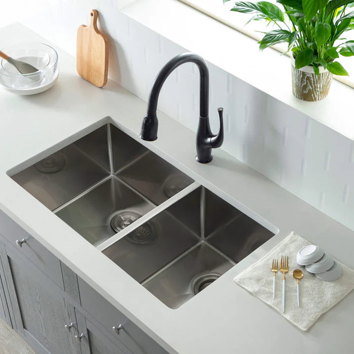Casa Fixtures - Kitchen Sinks - 32-3/4" Handcrafted Undermount Double Bowl Stainless Steel Kitchen Sink (C1-33DBS)