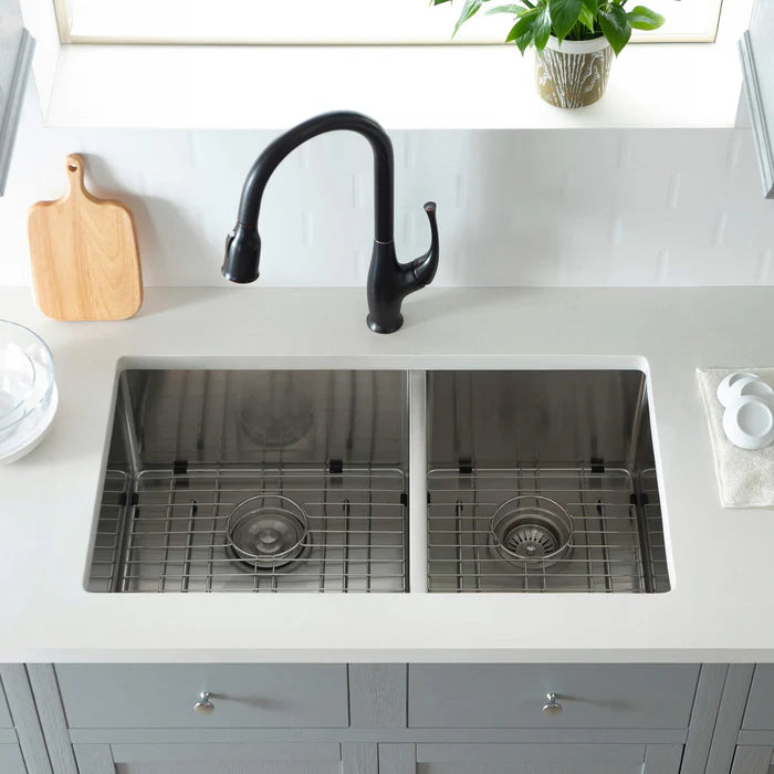 Casa Fixtures - Kitchen Sinks - 32-3/4" Handcrafted Undermount Double Bowl Stainless Steel Kitchen Sink (C1-33DBS)