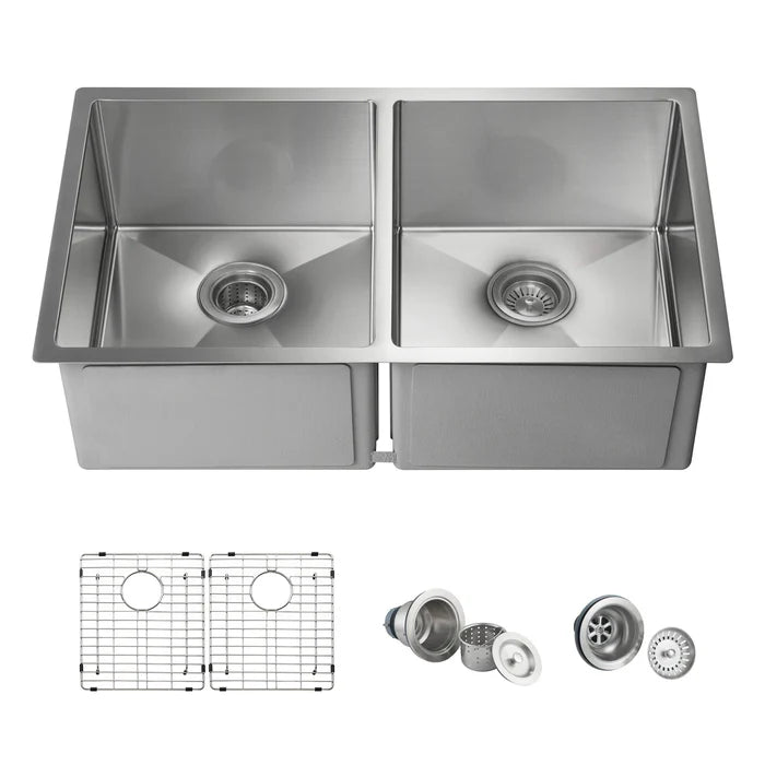 Casa Fixtures - Kitchen Sinks - 32-3/4" Handcrafted Undermount Double Bowl Stainless Steel Kitchen Sink (C1-33DEQ)