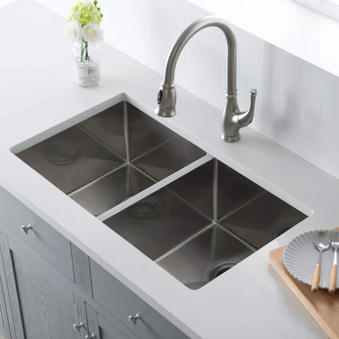 Casa Fixtures - Kitchen Sinks - 32-3/4" Handcrafted Undermount Double Bowl Stainless Steel Kitchen Sink (C1-33DEQ)