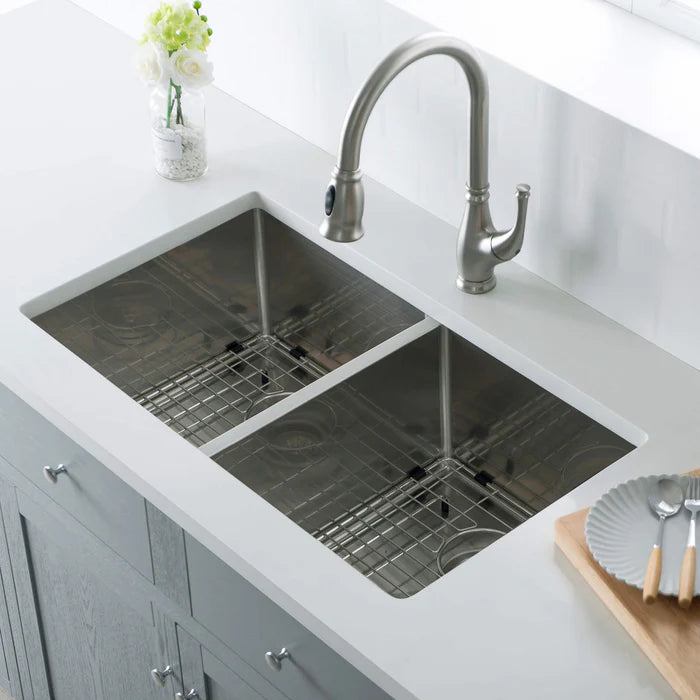 Casa Fixtures - Kitchen Sinks - 32-3/4" Handcrafted Undermount Double Bowl Stainless Steel Kitchen Sink (C1-33DEQ)