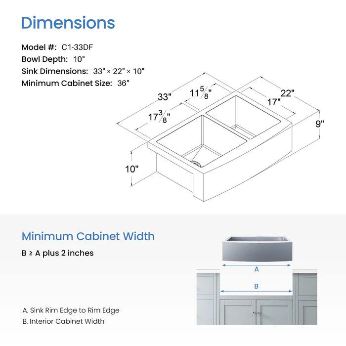 Casa Fixtures - Kitchen Sinks - 33" Handcrafted Farmhouse Apron Double Bowl Stainless Steel Kitchen Sink (C1-33DF)