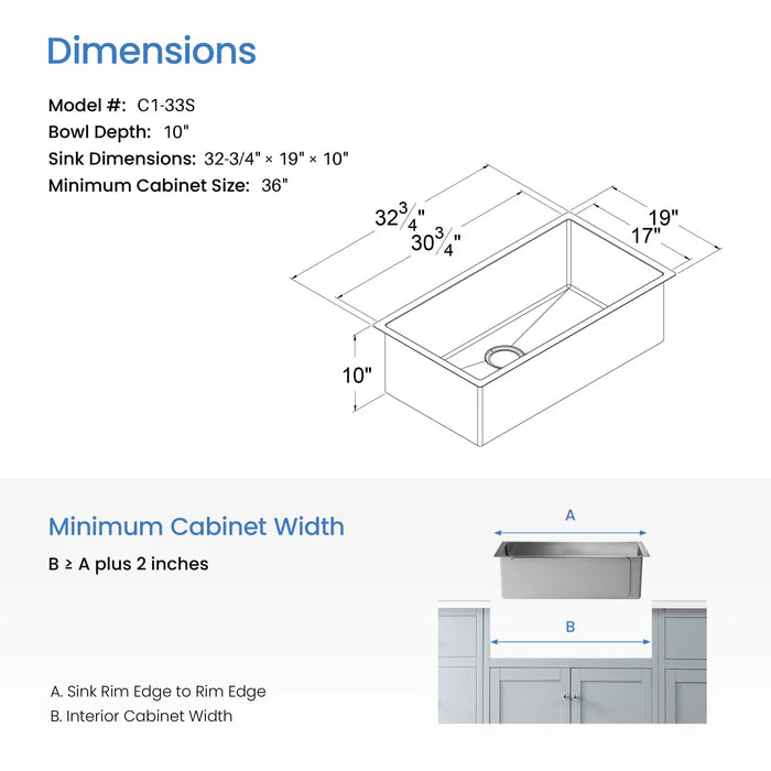 Casa Fixtures - Kitchen Sinks - 32-3/4" Handcrafted Undermount Single Bowl 16 gauge Stainless Steel Kitchen Sink (C1-33S)