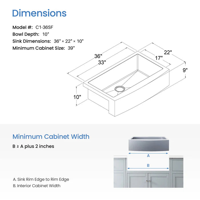 Casa Fixtures - Kitchen Sinks - 36" Handcrafted Farmhouse Apron Single Bowl Stainless Steel Kitchen Sink (C1-36SF)