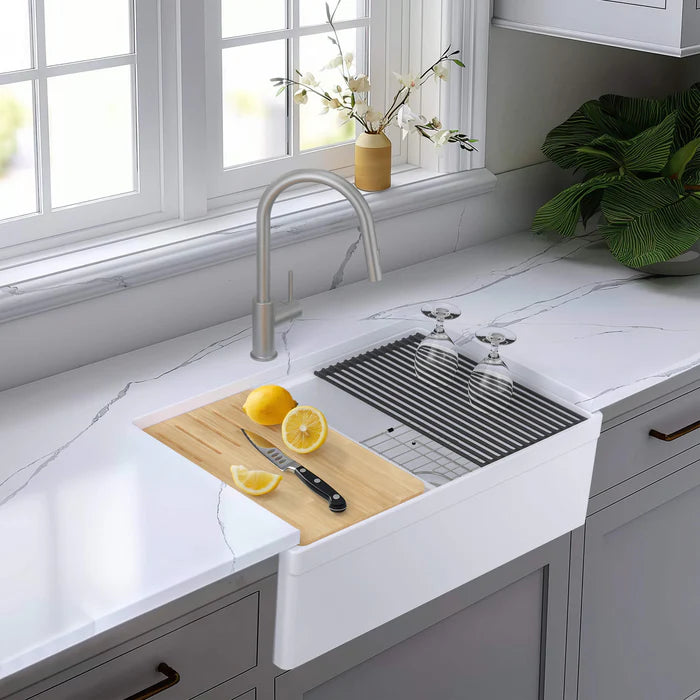 Casa Fixtures - Kitchen Sinks - 33" Fireclay Double Bowl Farmhouse Kitchen Workstation Sink (C2-33DFT)
