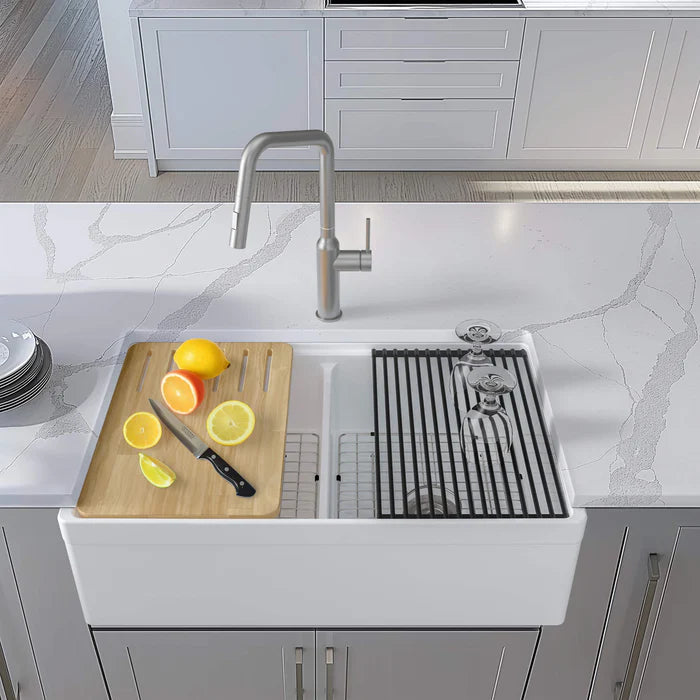 Casa Fixtures - Kitchen Sinks - 33" Fireclay Double Bowl Farmhouse Kitchen Workstation Sink (C2-33DFT)