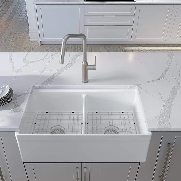 Casa Fixtures - Kitchen Sinks - 33" Fireclay Double Bowl Farmhouse Kitchen Workstation Sink (C2-33DFT)