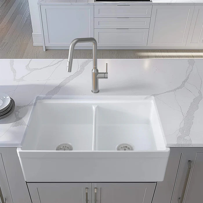 Casa Fixtures - Kitchen Sinks - 33" Fireclay Double Bowl Farmhouse Kitchen Workstation Sink (C2-33DFT)