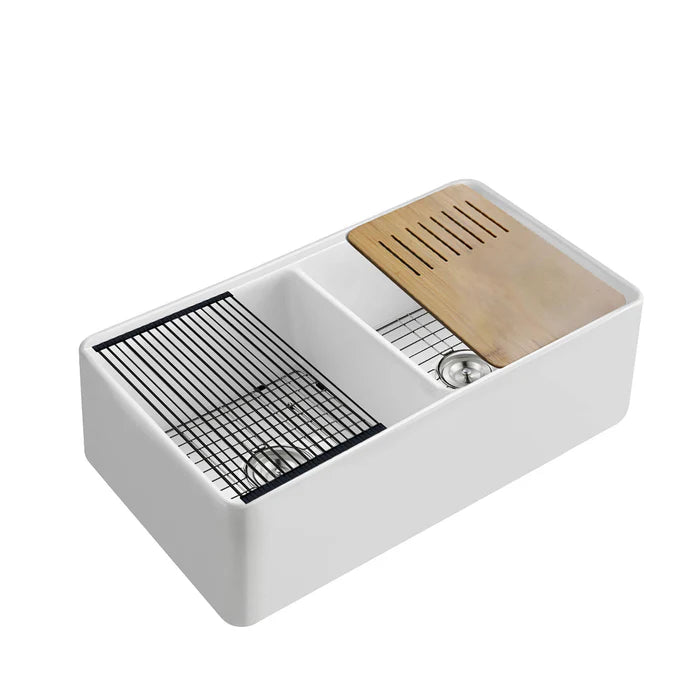 Casa Fixtures - Kitchen Sinks - 33" Fireclay Double Bowl Farmhouse Kitchen Workstation Sink (C2-33DFT)