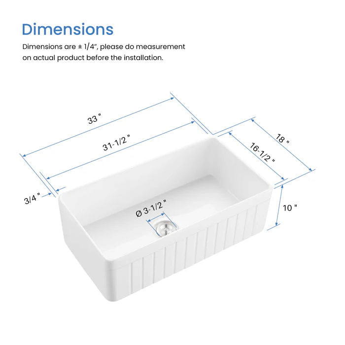Casa Fixtures - Kitchen Sinks - Pillar 33" Reversible Fireclay Single Bowl Kitchen Farmhouse Sink (C2-33SFPI)