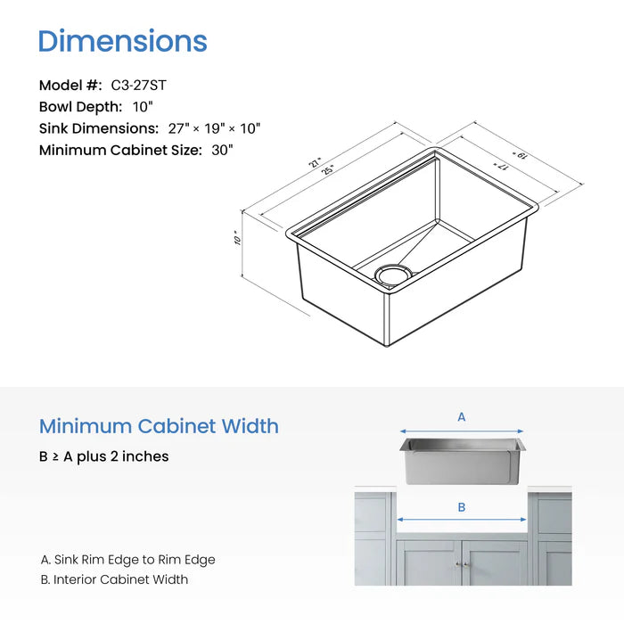 Casa Fixtures - Kitchen Sinks - 27" Handcrafted 316 Marine Grade Stainless Steel Single Bowl Workstation Undermount Kitchen Sink (C3-27ST)