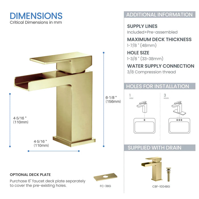 Casa Fixtures - Bathroom Faucet - Quadra Waterfall Single Handle Bathroom Vanity Sink Faucet with Pop Up Drain (CBF-1004)