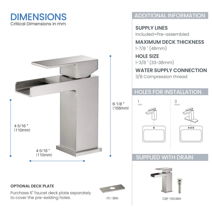 Casa Fixtures - Bathroom Faucet - Quadra Waterfall Single Handle Bathroom Vanity Sink Faucet with Pop Up Drain (CBF-1004)