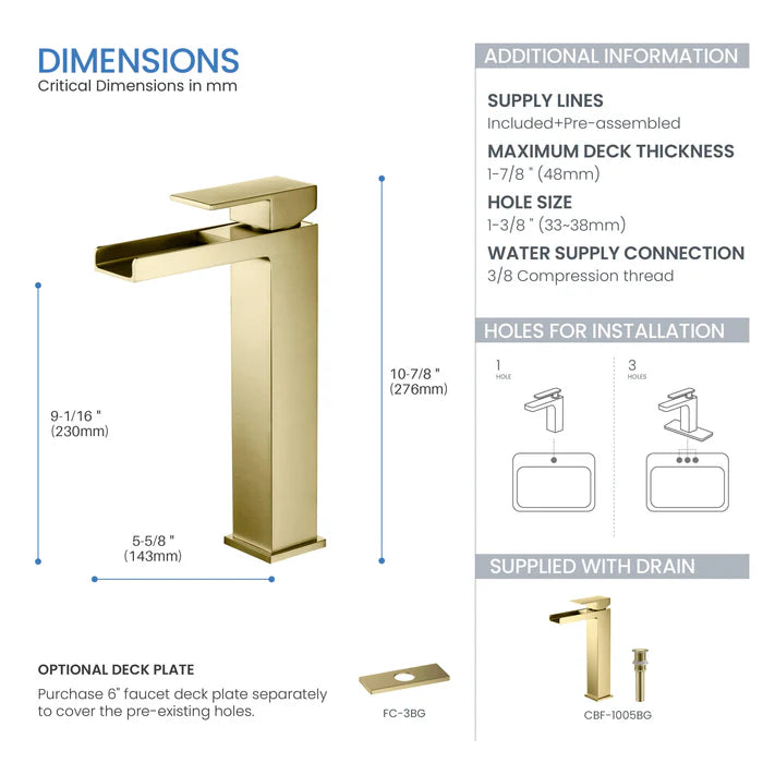 Casa Fixtures - Bathroom Faucet - Quadra Waterfall Single Handle Bathroom Vessel Sink Faucet with Pop Up Drain (CBF-1005)