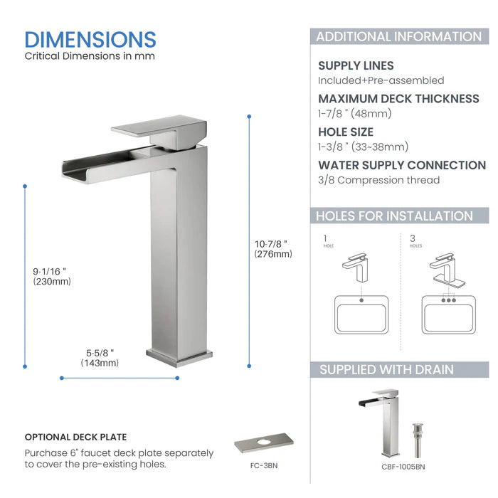 Casa Fixtures - Bathroom Faucet - Quadra Waterfall Single Handle Bathroom Vessel Sink Faucet with Pop Up Drain (CBF-1005)
