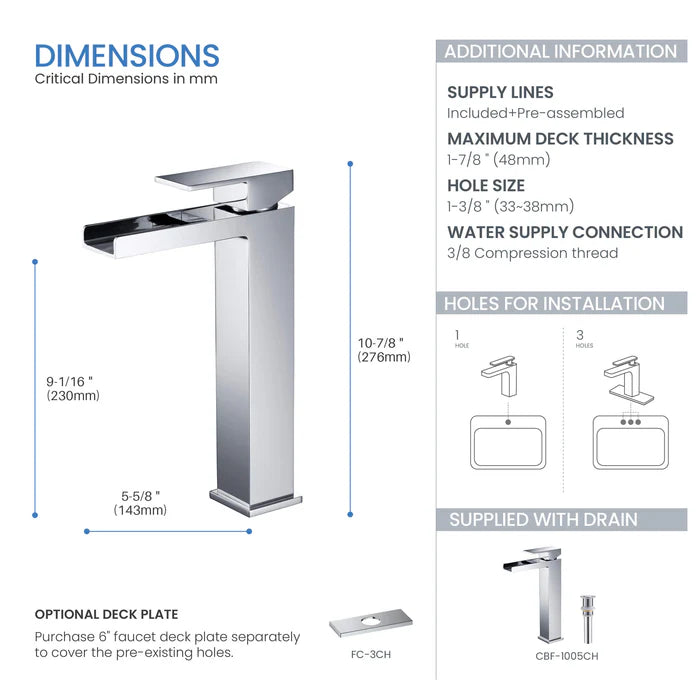 Casa Fixtures - Bathroom Faucet - Quadra Waterfall Single Handle Bathroom Vessel Sink Faucet with Pop Up Drain (CBF-1005)